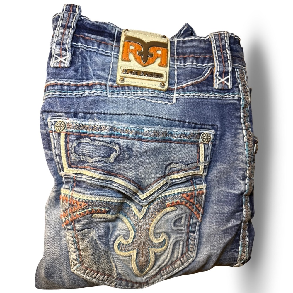 Rock Revival Quency Slim Taper Jeans Mens 36 Distressed Stretch Embroidered - Picture 9 of 12